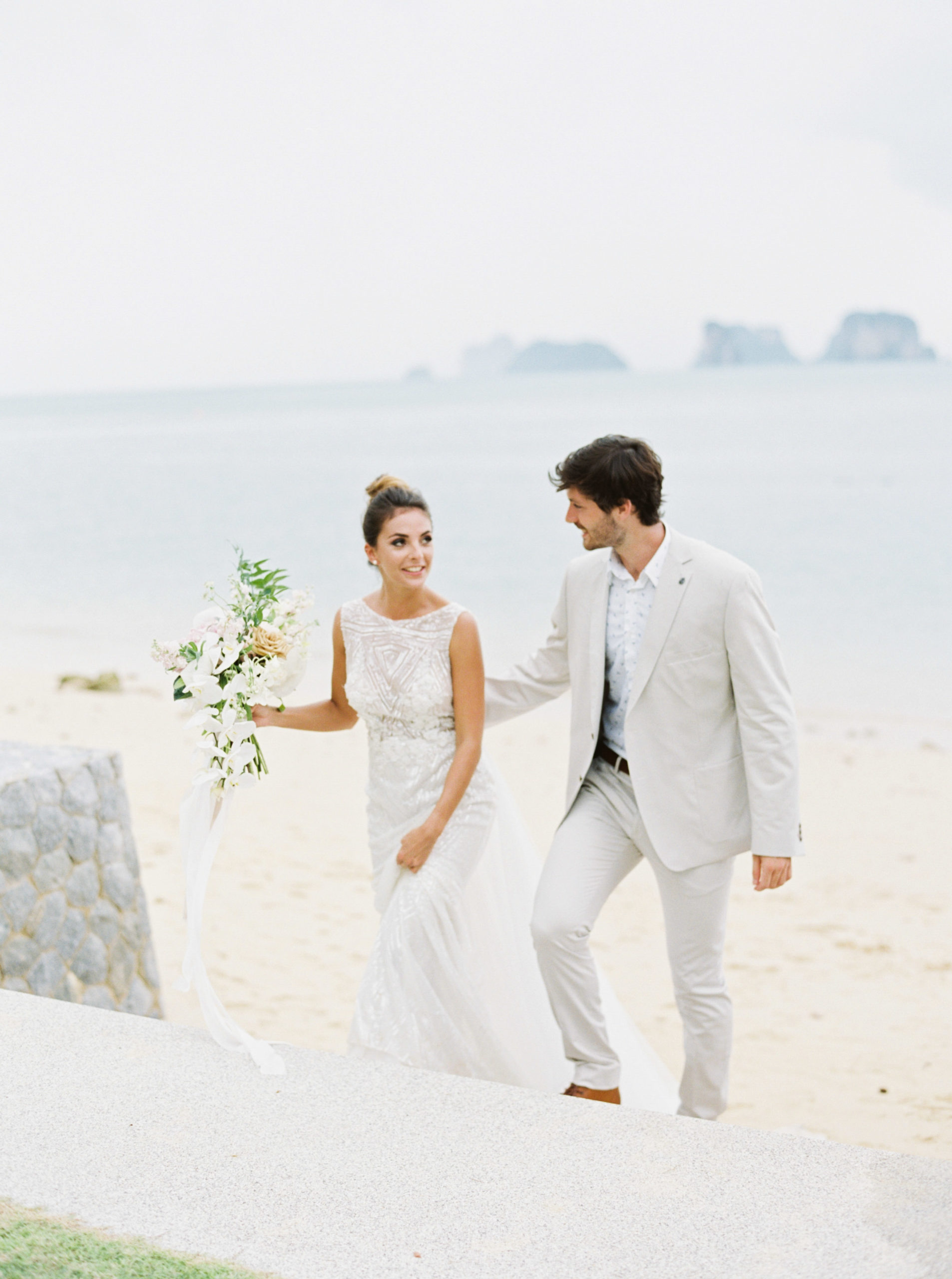 Bride and groom beach attire.jpg - Grooms natural, linen suit for outdoor beach wedding in Thailand Bride and groom portrait at Coffs Harbour Byron Bay