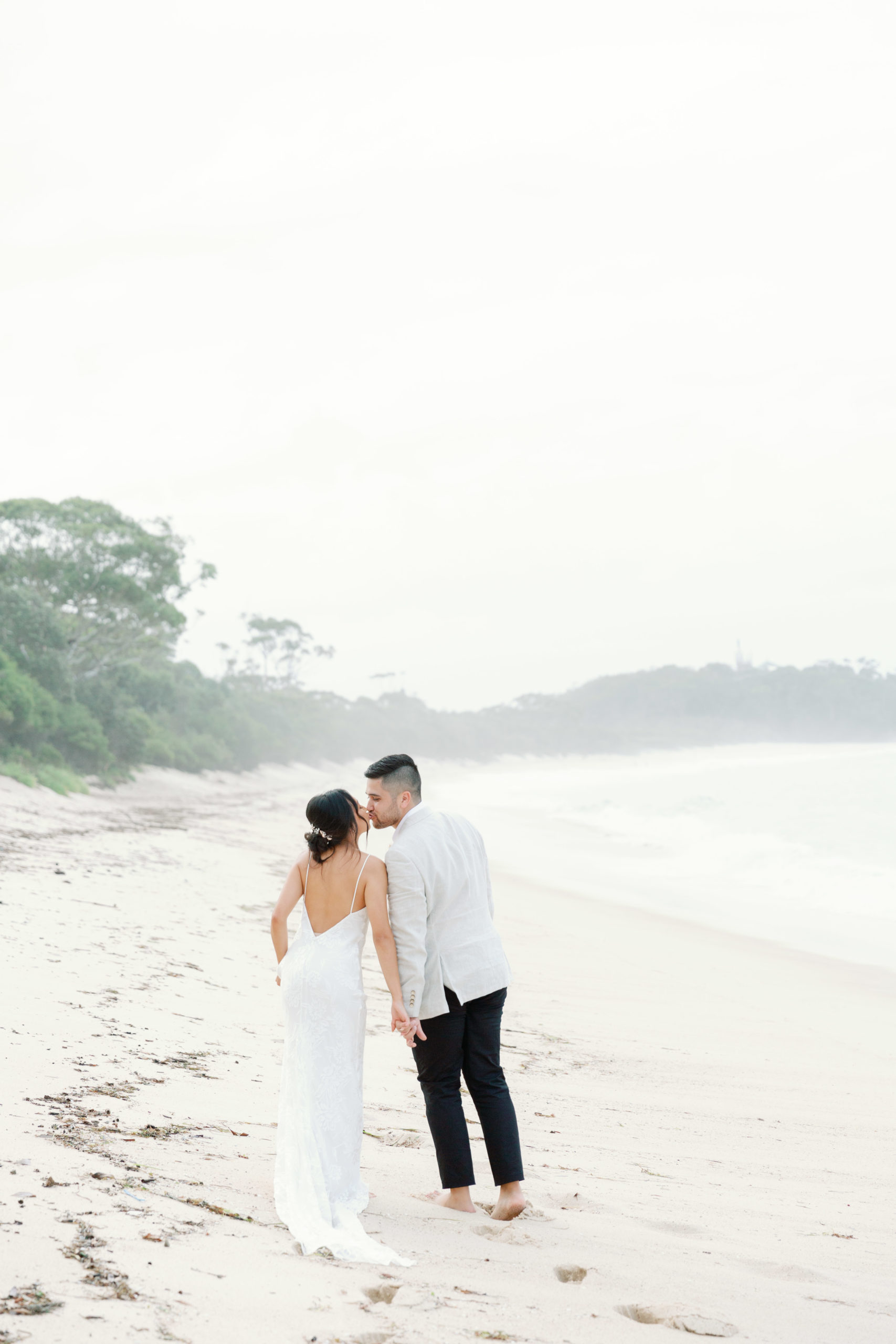 bride and groom at Shoal Bay beach for elopement in Port Stephens Wedding